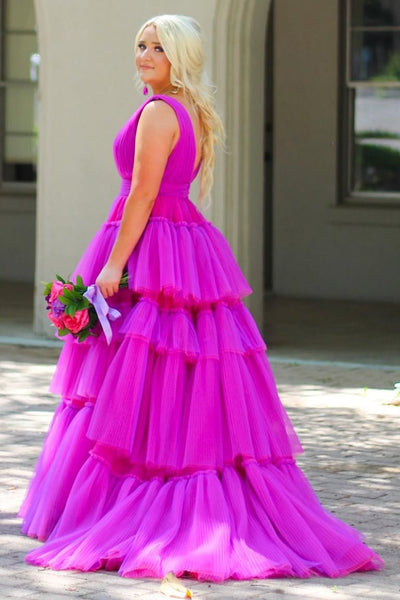 A-Line V Neck Tulle Tiered Prom Dresses VK23101603