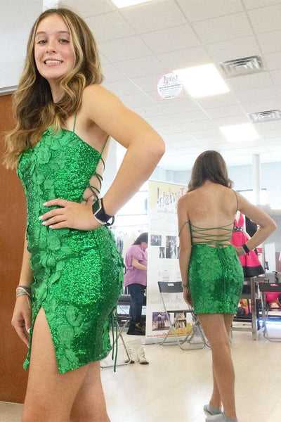 Green Sequin Lace-Up Homecoming Dress with Appliques VK23090402