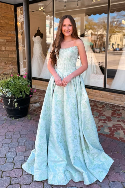 Gorgeous A Line Scoop Neck Jacquard Satin Prom Dress with Beading VK26031809