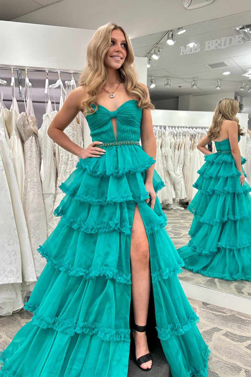 A-Line Strapless Green Ruffle Tiered Long Prom Dresses with Slit VK25031507