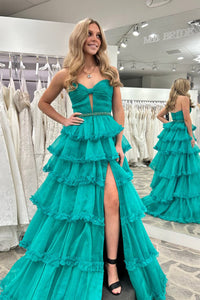 A-Line Strapless Green Ruffle Tiered Long Prom Dresses with Slit VK25031507