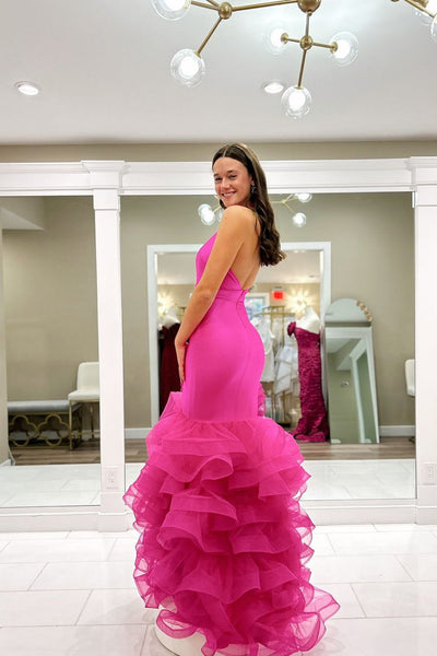 Charming Mermaid V Neck Fuchsia Ruffled Organza Long Prom Dresses