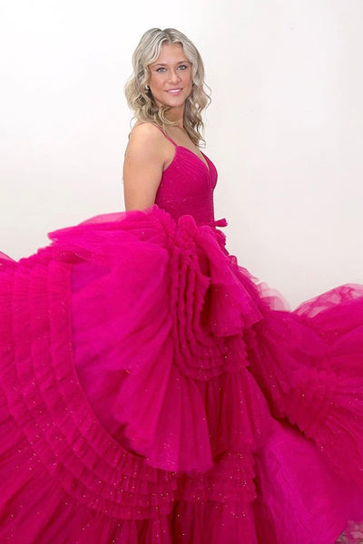 Fuchsia V Neck Ruffle Tiered Tulle Long Prom Dresses with Slit VK24032703