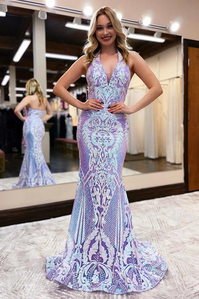 Charming Mermaid Halter Lavender Sequin Lace Long Prom Dresses with Train VK23100606