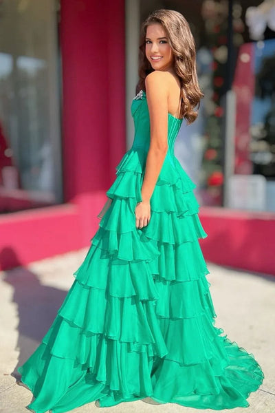 Charming A-Line Strapless Green Chiffon Tiered Long Prom Dresses with Slit VK26010602