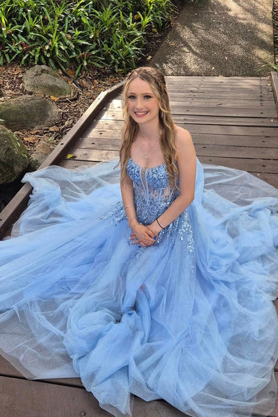 Cute A Line Sweetheart Tulle Long Prom Dresses with Appliques VK24112213