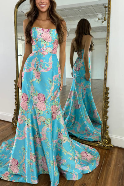 Chic Mermaid Strapless Floral Printed Satin Long Prom Dresses VK26010802