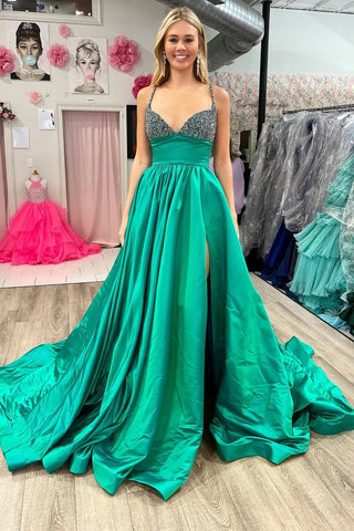 Emerald Beaded V-Neck A-Line Long Prom Dress with Slit VK23122403