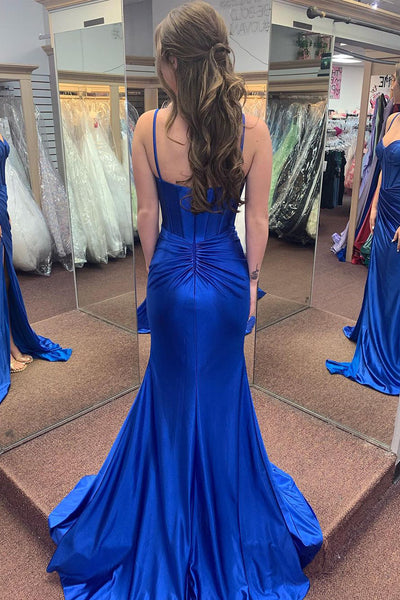 Royal Blue Sweetheart Satin Mermaid Long Prom Dresses with Slit VK24022205