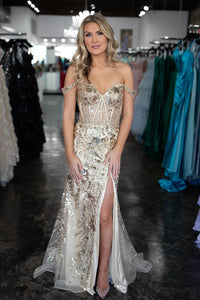 Gold Off the Shoulder Sequins Lace Mermaid Prom Dresses with Slit VK24031303