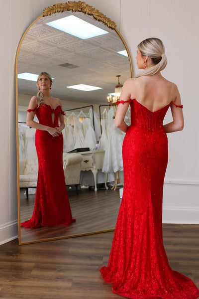 Mermaid Off the Shoulder Red Lace Long Prom Dresses with Beads VK25032504