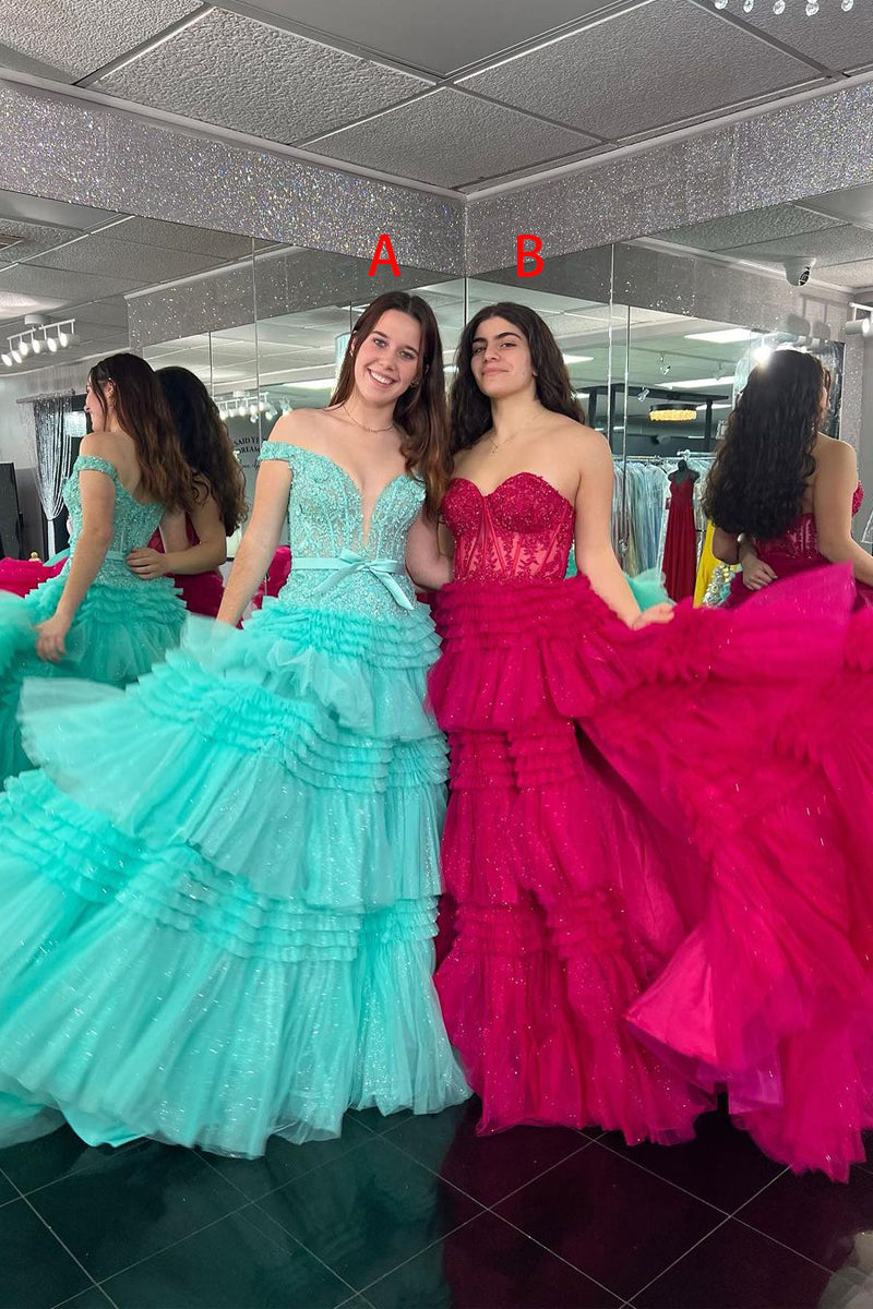 Hot Pink Sweetheart Tiered Tulle Long Prom Dresses with Appliques VK23121102