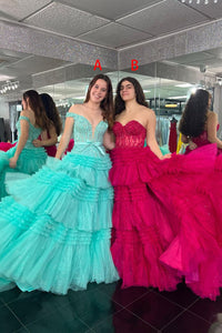 Hot Pink Sweetheart Tiered Tulle Long Prom Dresses with Appliques VK23121102