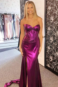 Purple Sweetheart Ruching Trumpet Long Dress with Slit VK23110901