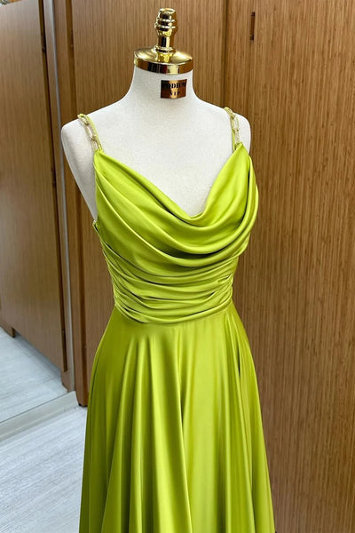 Olive Green Cowl Neck Chain Strap A-Line Long Prom Dress VK23120806