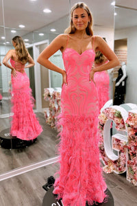 Pink Sweetheart Sequins Lace Mermaid Long Prom Dresses with Feather VK24020202