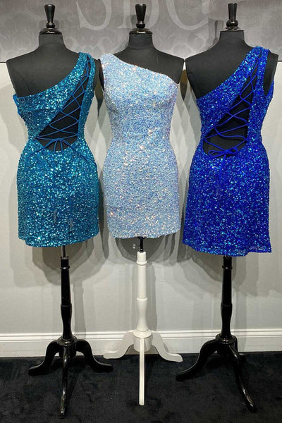 Royal Blue Sequins One-Shoulder Lace-Up Mini Homecoming Dress VK23092002