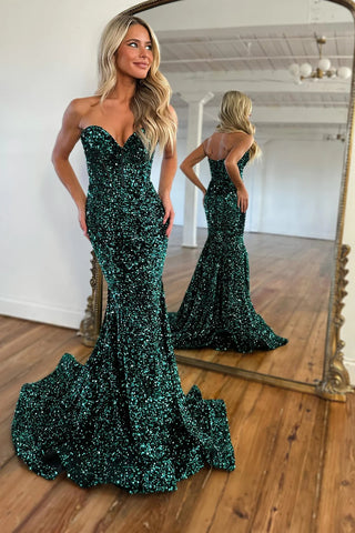 Sparkly Dark Green Sequins Mermaid Sweetheart Long Prom Dress VK23092705