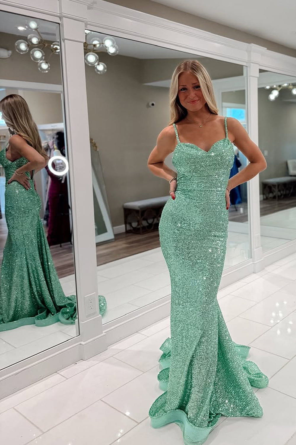 Cute Mermaid Sweetheart Mint Green Sequins Long Prom Dress VK25030104