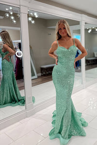 Cute Mermaid Sweetheart Mint Green Sequins Long Prom Dress VK25030104