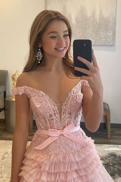 Princess A-Line Off the Shoulder Light Pink Tiered Ruffled Tulle Long Prom Dresses VK23103103