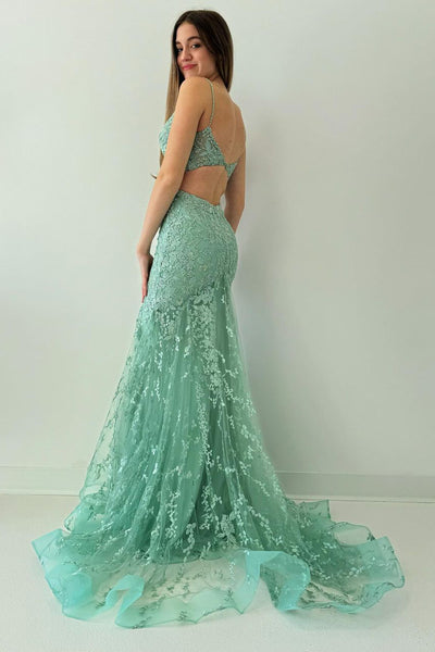Green V Neck Lace Mermaid Long Prom Dresses VK24011004
