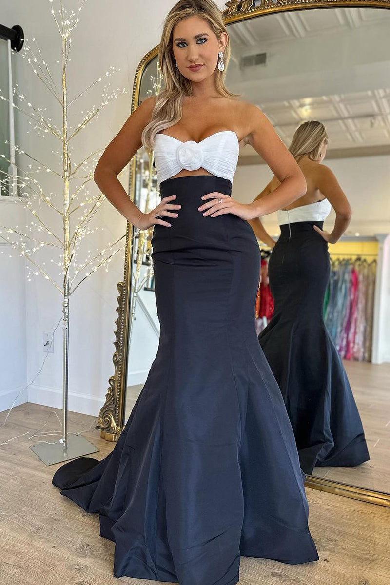 Nuique Mermaid  Black and White Strapless Long Prom Dresses VK23120303