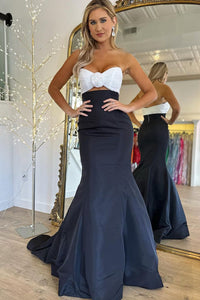 Black Strapless Satin Mermaid Long Prom Dresses VK23120303