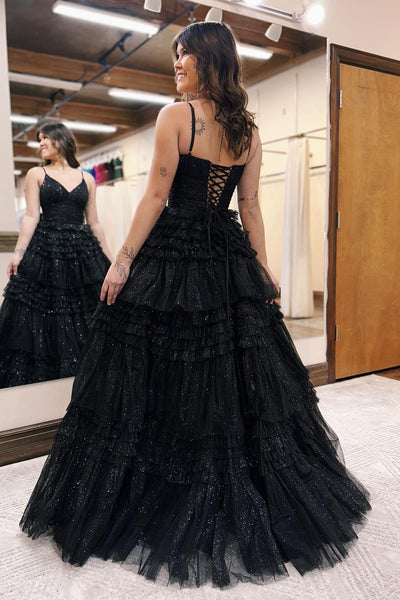 Ball Gown V Neck Black Glitter Tulle Long Prom Dresses VK23091208