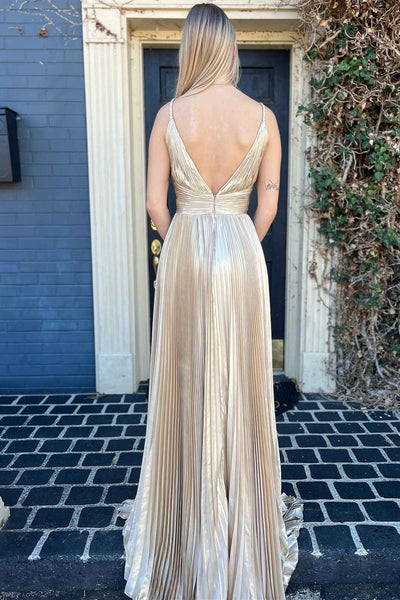 Plunging V-Neck Gold Pleated Long Prom Dress VK23110308