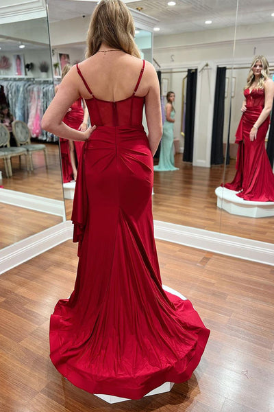 Dark Red Sweetheart Satin Mermaid Long Prom Dresses with Slit VK24031904