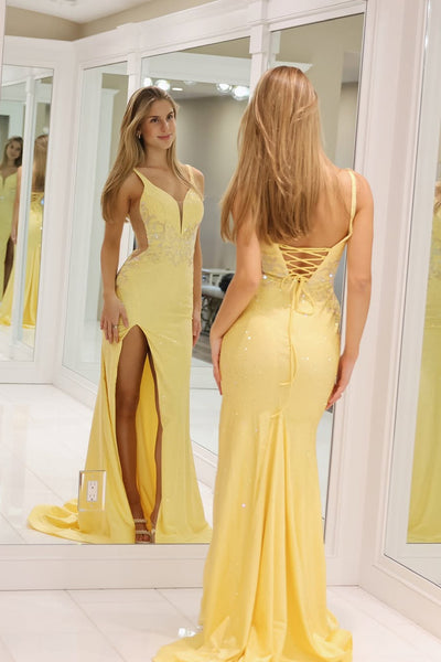 Mermaid V Neck Yellow Satin Long Prom Dresses with Slit VK25031605