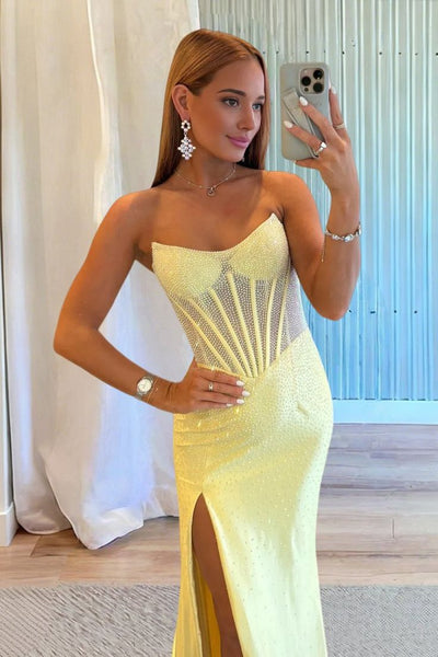 Cute Mermaid Scoop Neck Daffodil Hot Fix Satin Prom Dress with Slit VK25122805