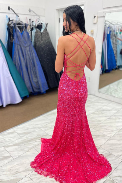 Hot Pink Sequins Mermaid Prom Dress with Fringes VK23093003