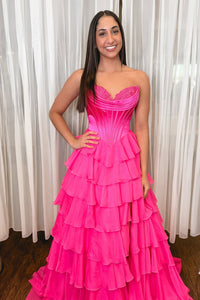A-Line Strapless Fuchsia Ruffle Tiered Chiffon Long Prom Dresses with Slit VK022409