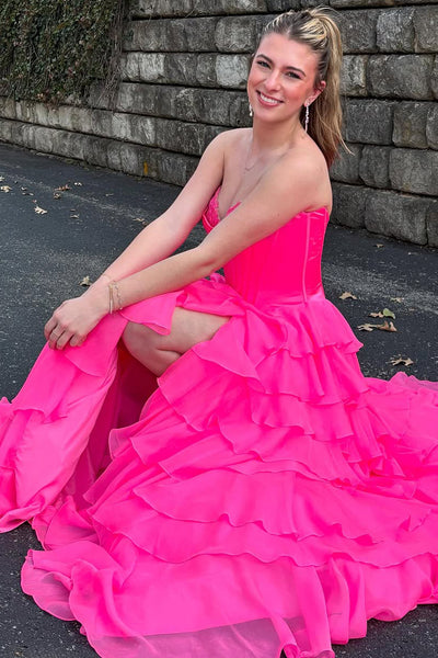 A-Line Strapless Ruffle Tiered Long Prom Dresses with Slit VK25031602