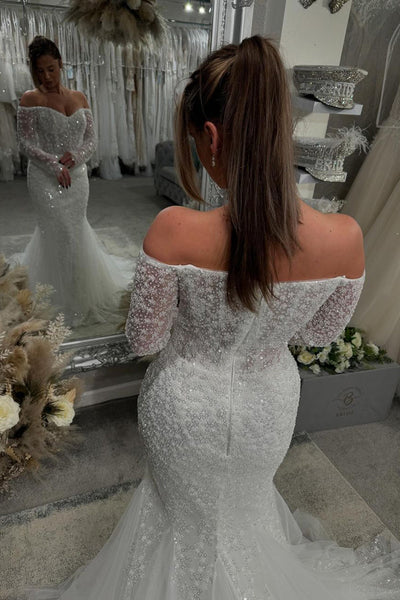 Gorgeous Mermaid Off the Shoulder Sequins Lace Wedding Dresses with Sleeves