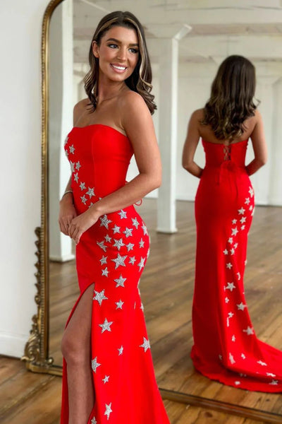 Red Strapless Mermaid Long Prom Dress with Stars VK23092906