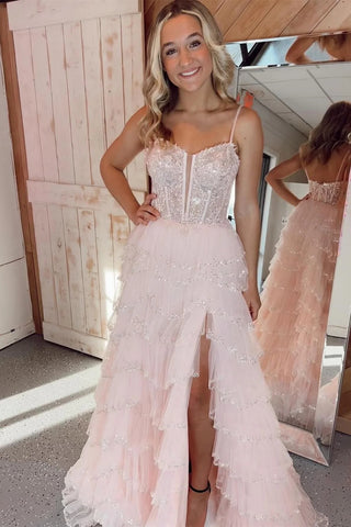 Light Pink Spaghetti Straps Sequined Layers Floral Long Prom Dress with Slit VK23120902