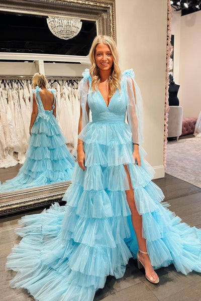 Cute A-Line V Neck Blue Tiered Tulle Long Prom Dresses with Slit VK24021403