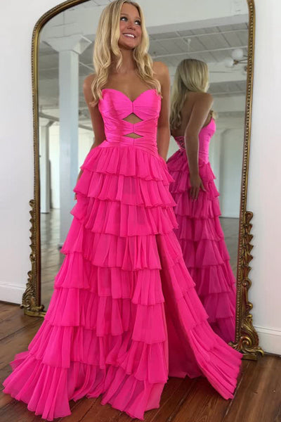 A Line Sweetheart Fuchsia Chiffon Tiered Long Prom Dress VK26031807