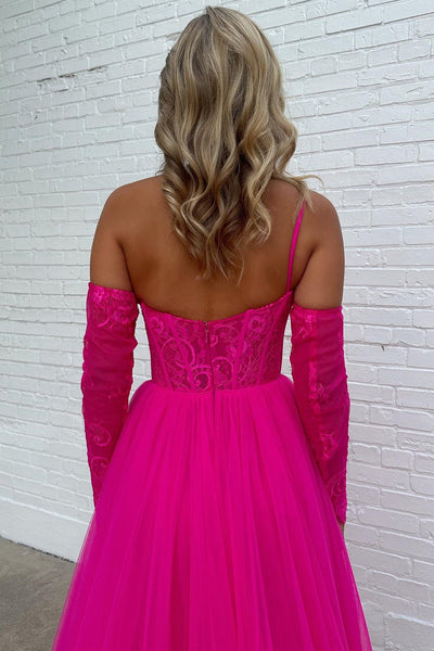 Fuchsia Lace One-Shoulder A-Line Formal Dress with Detachable Sleeves VK23101101
