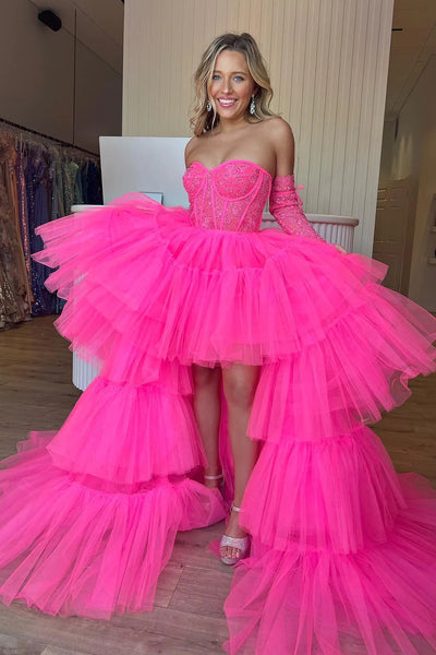 Cute Hot Pink High Low Detachable Sleeves Tiered Tulle Homecoming Dress with Lace VK23101305