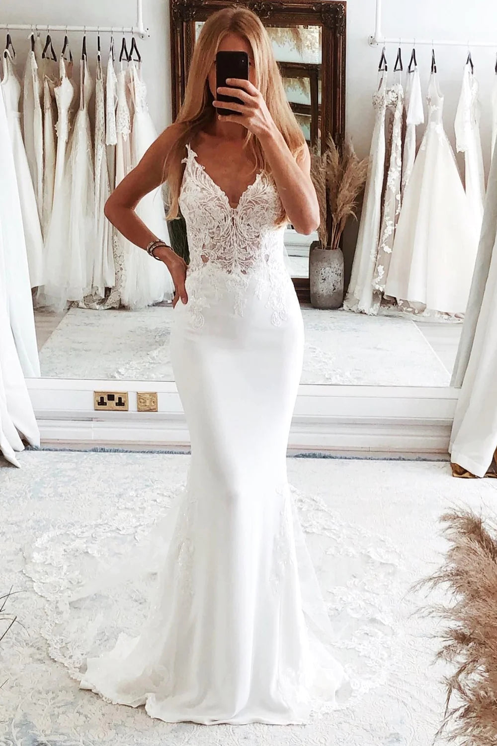 Mermaid V Neck Spaghetti Straps Satin Wedding Dresses with Lace VK23082704  – Vickidress