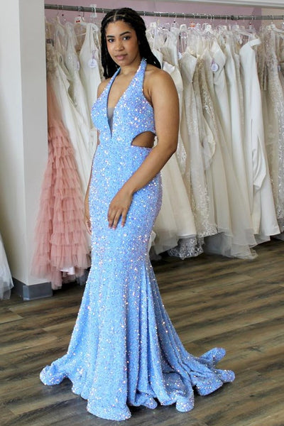 Blue Sequin Halter Trumpet Long Prom Dress VK23102803