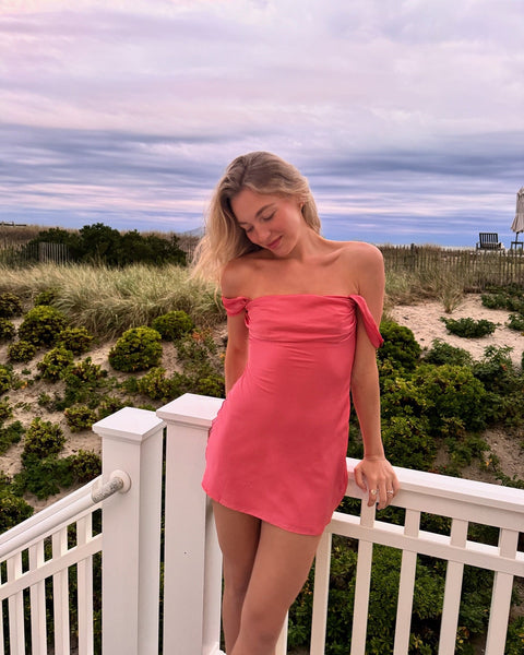 Off the Shoulder Watermelon Satin Short Dress