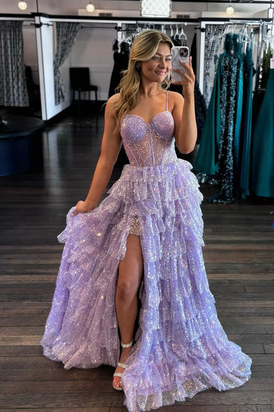 Lilac Sweetheart Sequins Tulle Long Prom Dresses with Slit VK24030705