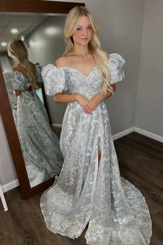 Gorgeous Off the Shoulder Jacquard Satin Prom Dress with Slit VK25100701