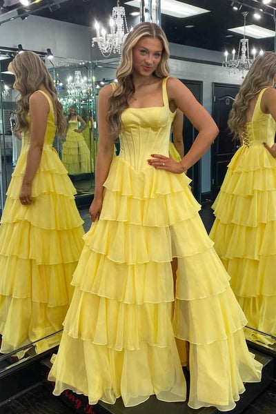 A-Line Square Neck Yellow Ruffle Tiered Chiffon Long Prom Dresses with Slit VK26011805