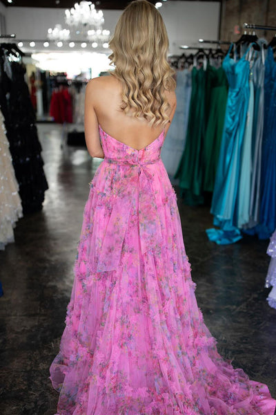 Unique A-Line Strapless Floral Printed Long Prom Dresses VK24021901